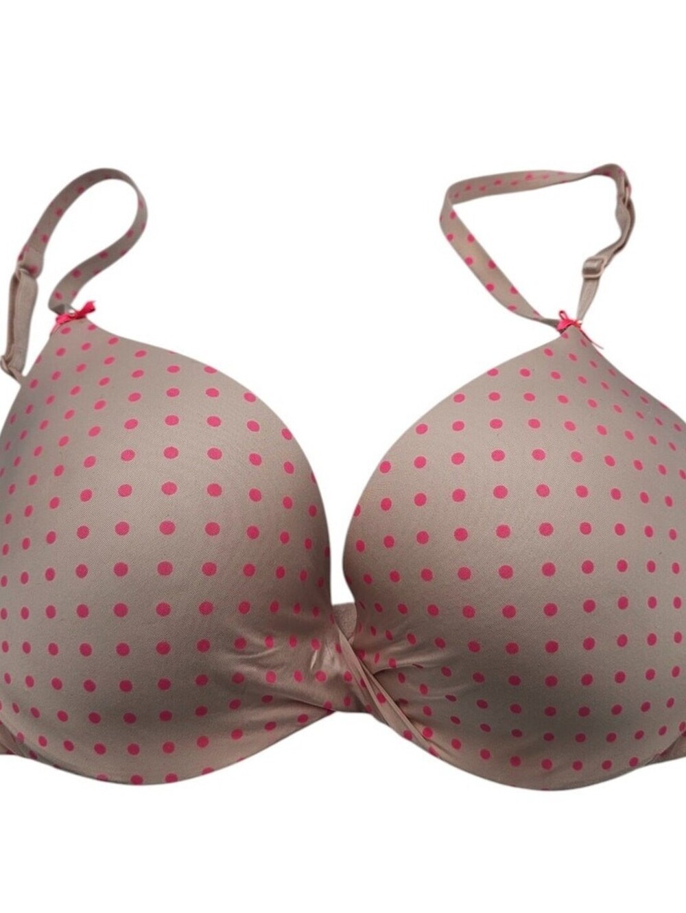 Victorias Secret Sz 34C Padded Plunge Bra Beige w/ Pink Polka Dots